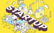 Mechanisms of a factory with the word startup on a yellow background